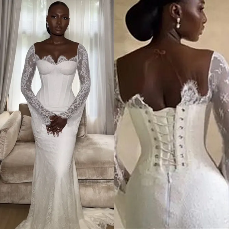 Elegant African Lace Long Sleeves Bridal Gown