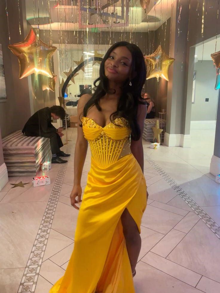 Yellow Mermaid Long Prom Dress Evening Party Dress With Slit
