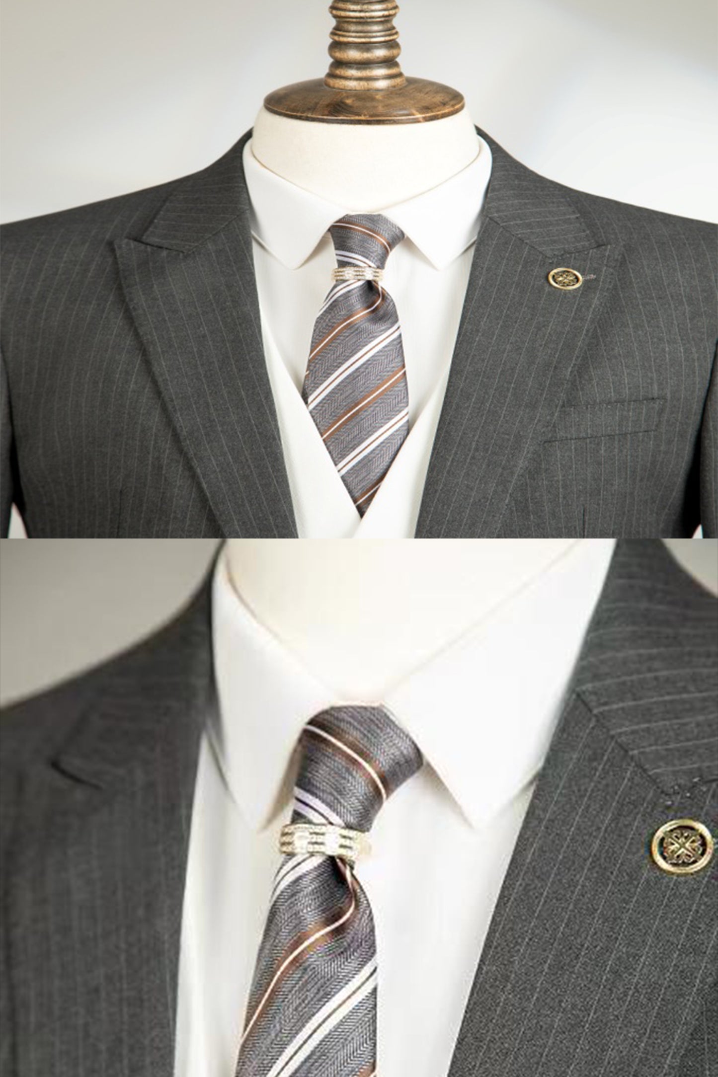 Advanced Grey Prom Suit With Flap Peaked Lapel Three Pieces Striped