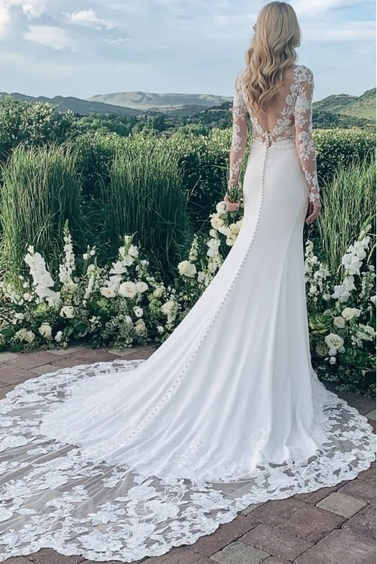 Long Sleeves Lace Applique Satin Sheer Mermaid Wedding Dress