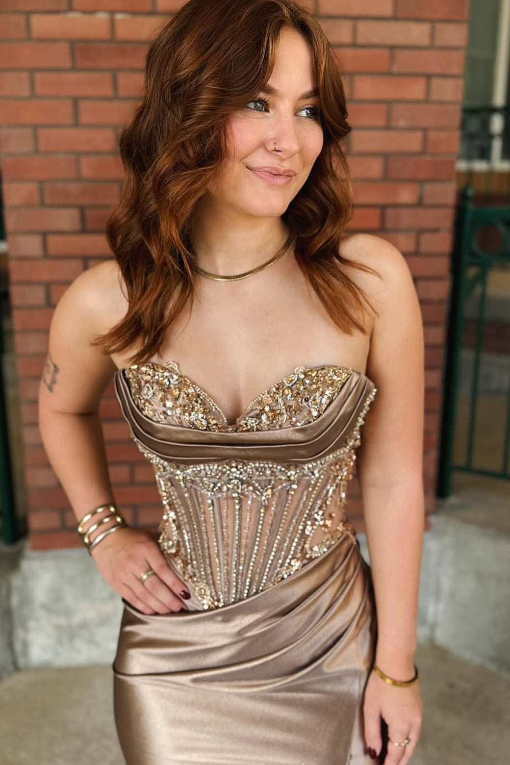 Charming Mermaid Sweetheart Silk Satin Slit Prom Dress with Beading