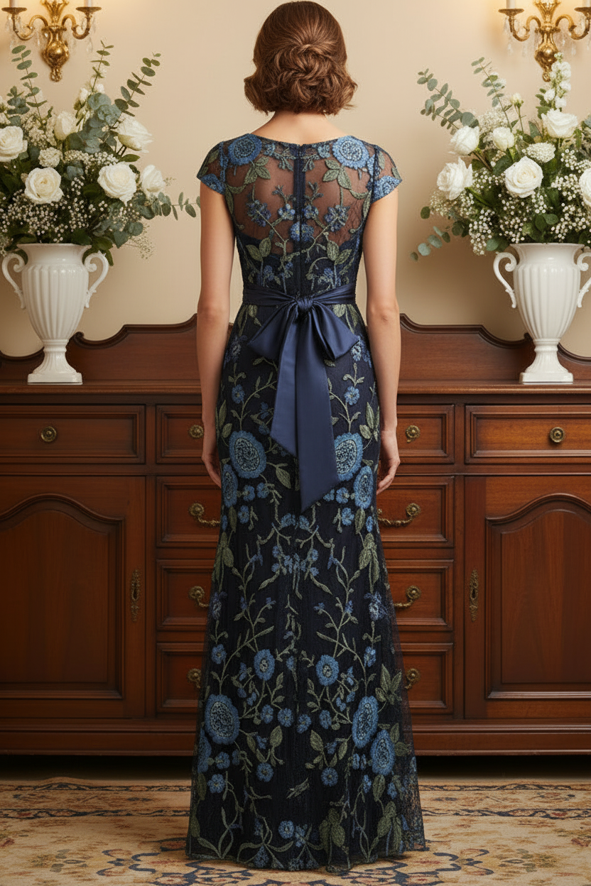 Navy Blue Floral Embroidered Mermaid Evening Gown | Mother of the Bride Dress
