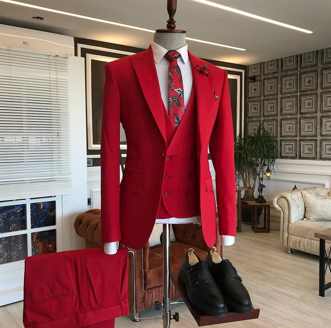 Newest 3 Pieces Suit For Men Wedding Red With Peaked Lapel Party