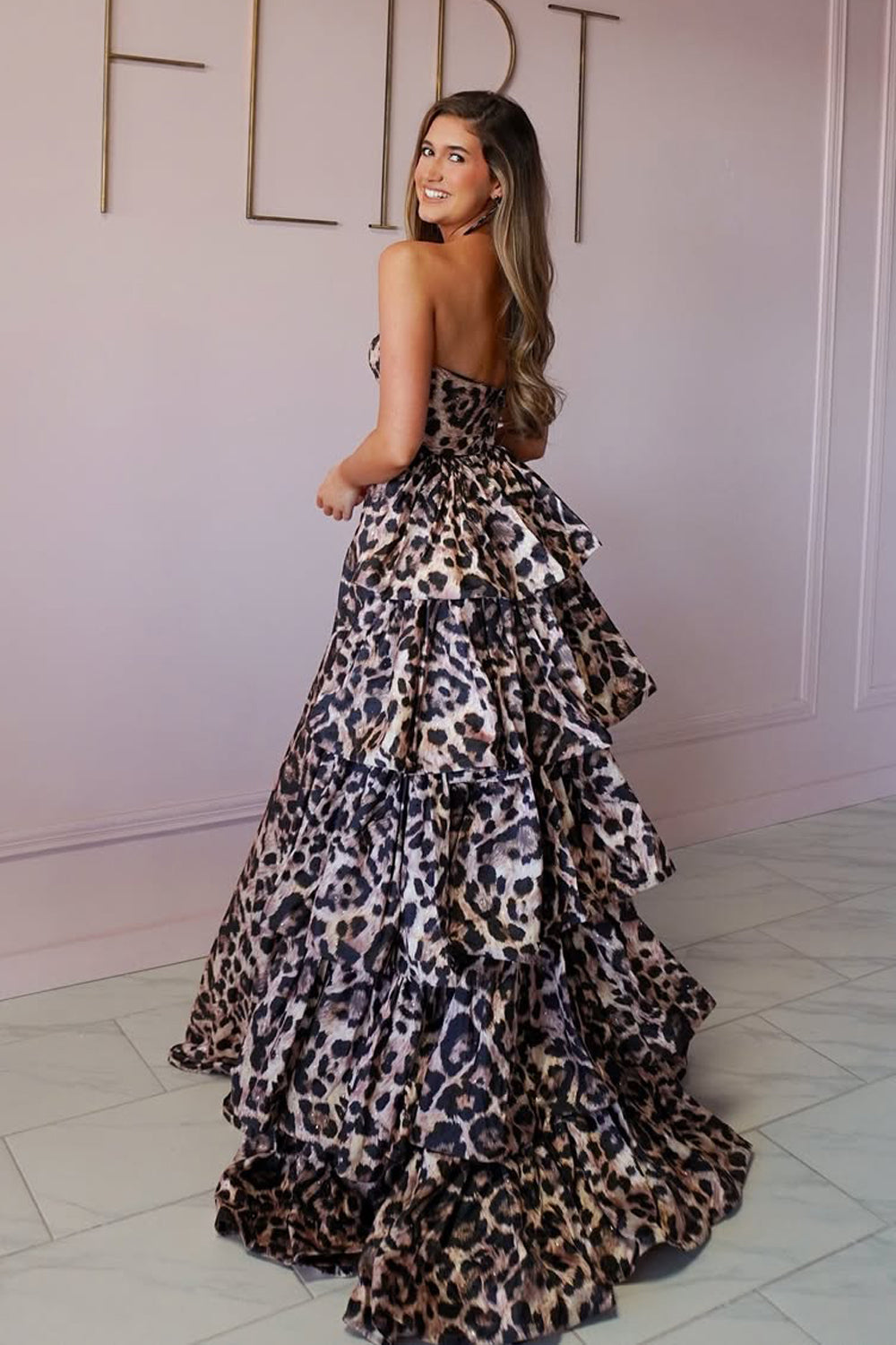 Tube Top Off-Shoulder Floor-Length Leopard Print-Chiffon Pleated Tiered A-Line Prom Dress