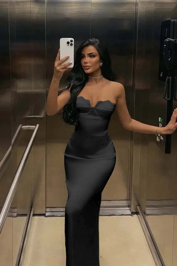 Ivory Back Slit Strapless Elegant Prom Dress