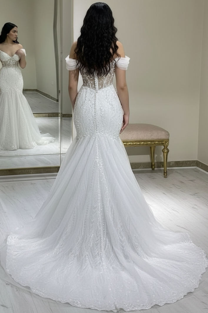 Fully Sequined Beaded Tulle Pleated Trumpet Mermaid Wedding Dress