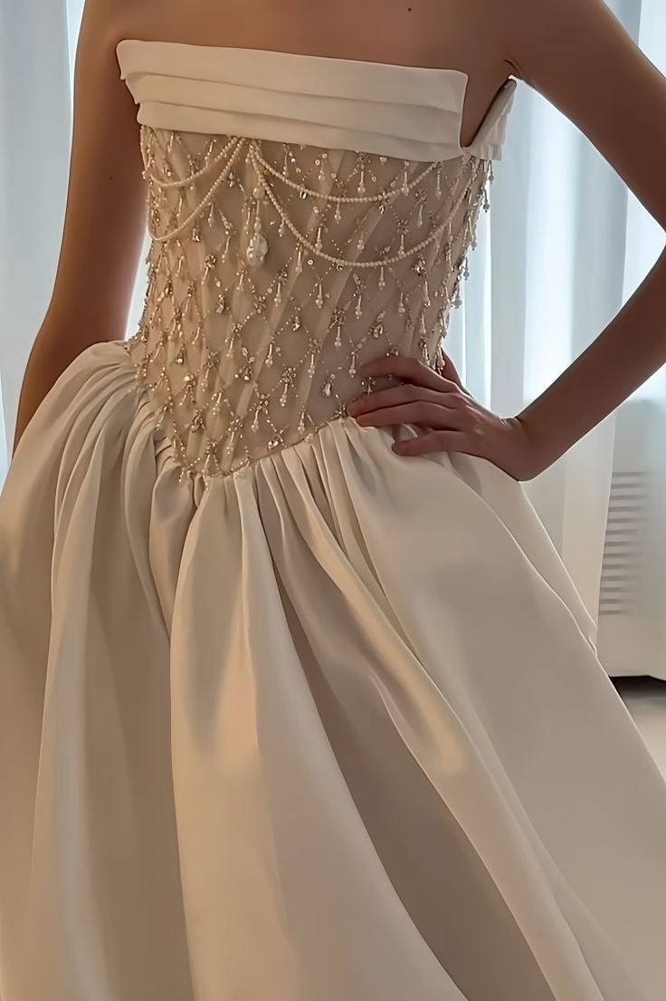 Sleeveless Rhinestone Beaded Satin Pleated Wedding Dress with Train