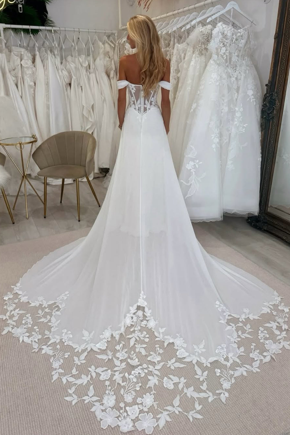 A Line Off the Shoulder Chiffon Beach Wedding Dress