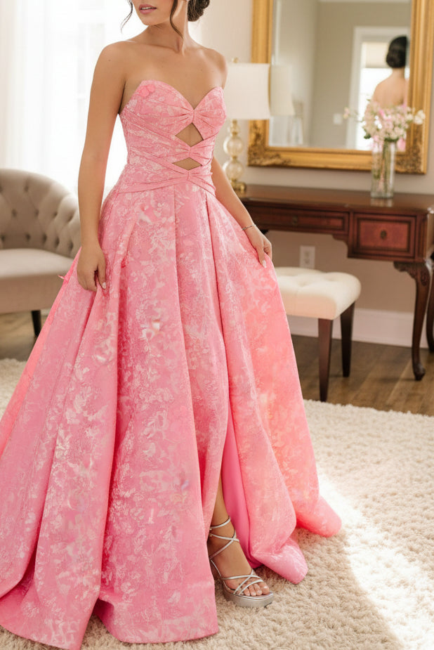 A Line Sweetheart Keyhole Pink Floral Printed Satin Long Prom Dress