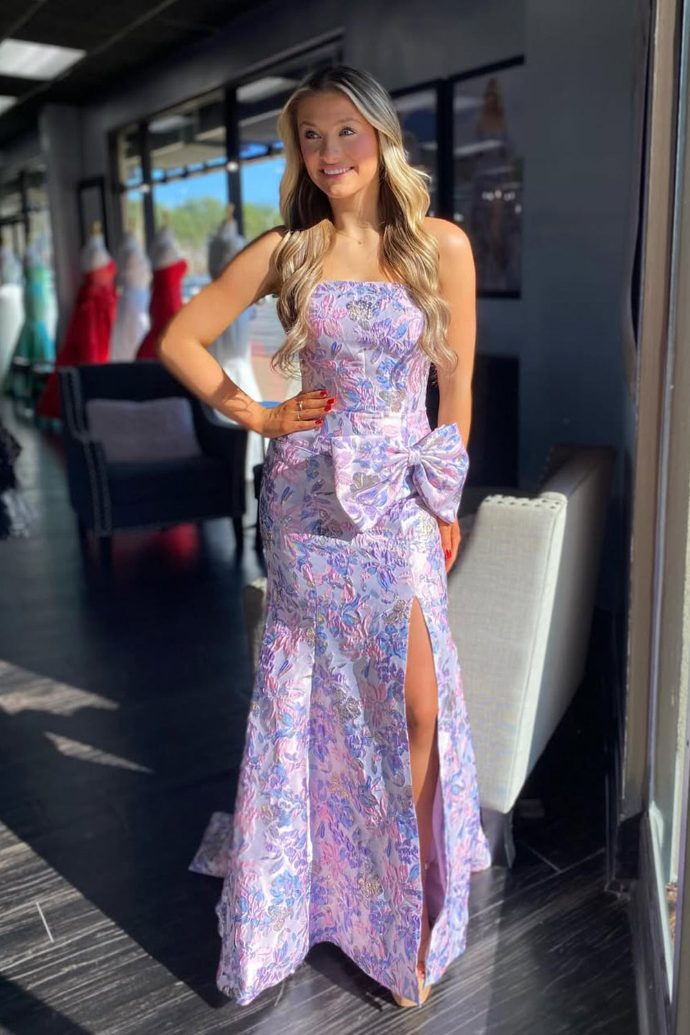 Mermaid Strapless Lavender Jacquard Satin Prom Dress