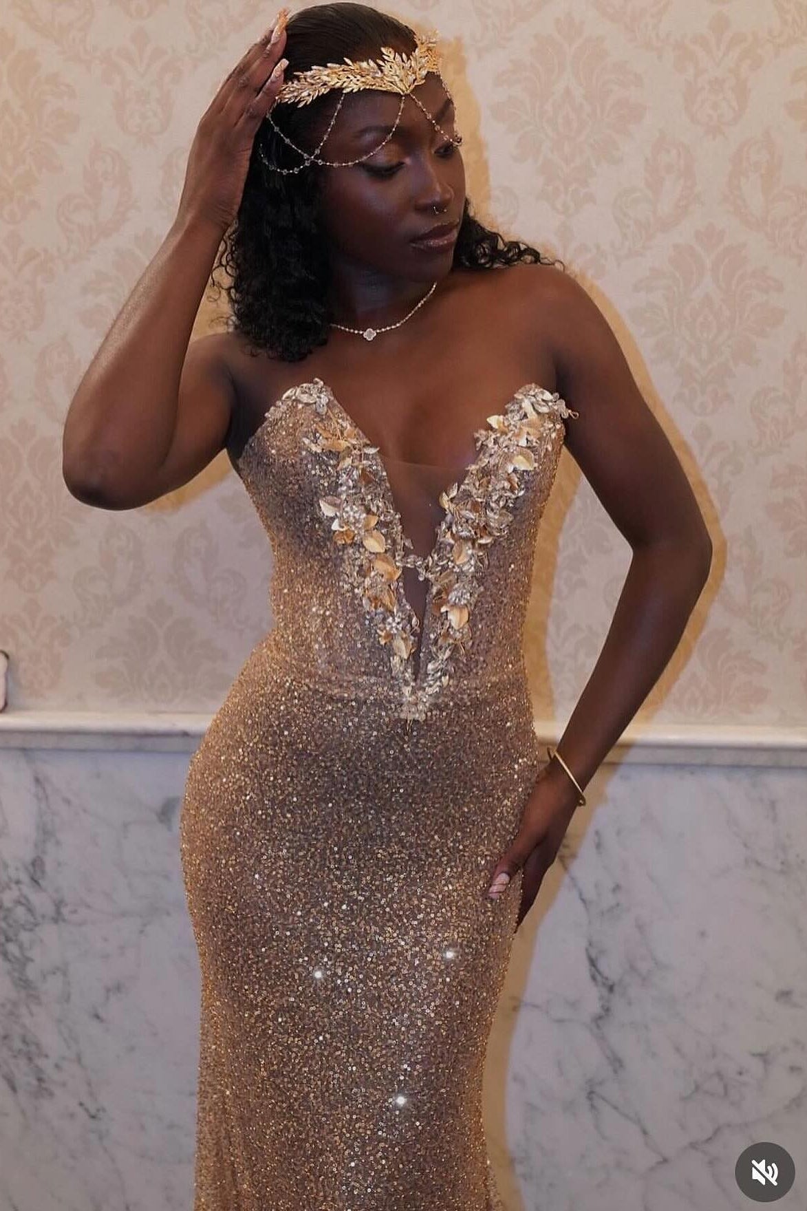 Gold Sequins Sweetheart Appliques Lace Up Prom Dress