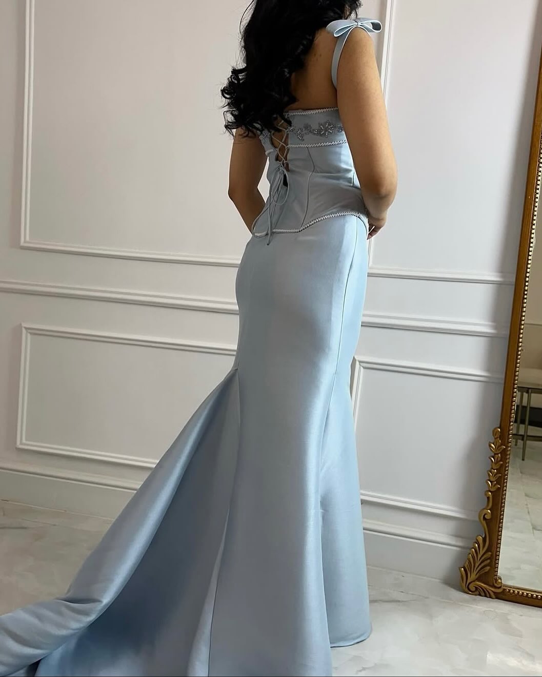Blue Spaghetti Straps Bow Mermaid Floor-Lenght Evening Dress