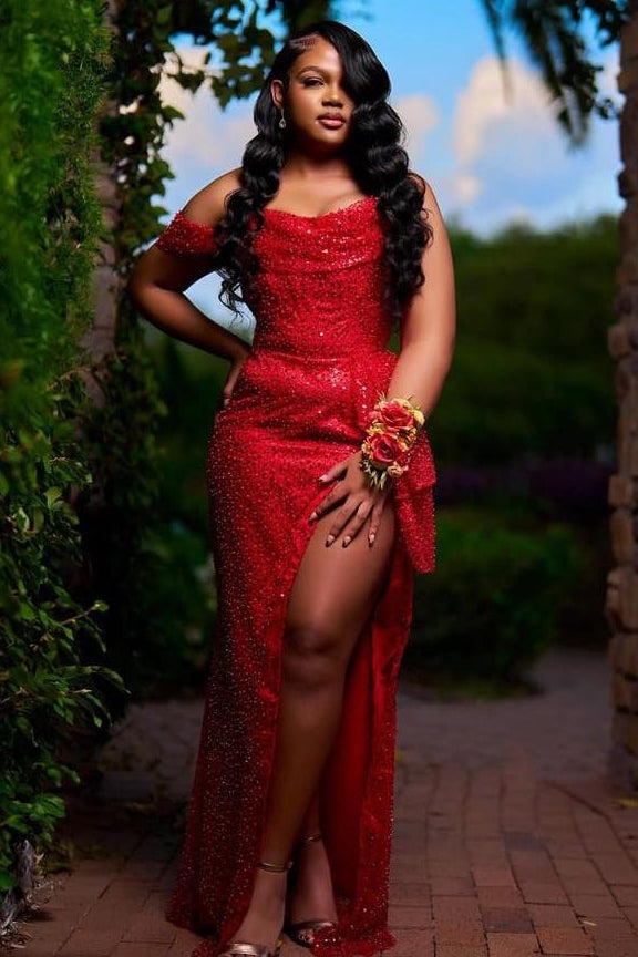 Sexy Off Shoulder Sequins Sheath Side Slit Prom Dress