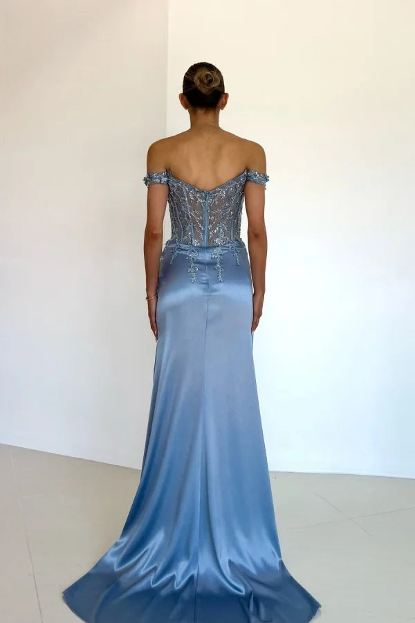 Light Blue Exquisite Embroidery Split Prom Dress