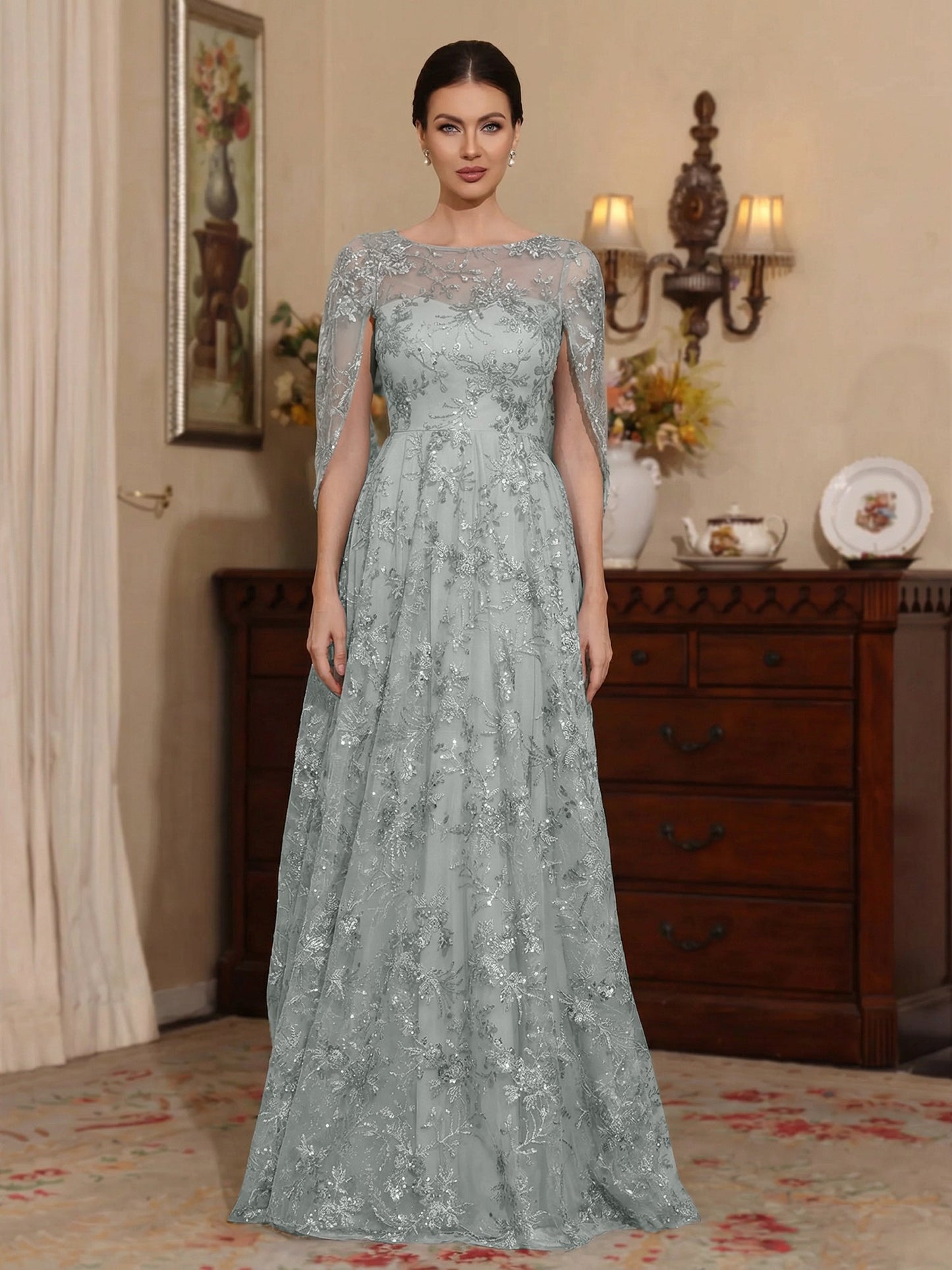 A-Line/Princess Scoop Sequins Lace Mother of the Bride Dress