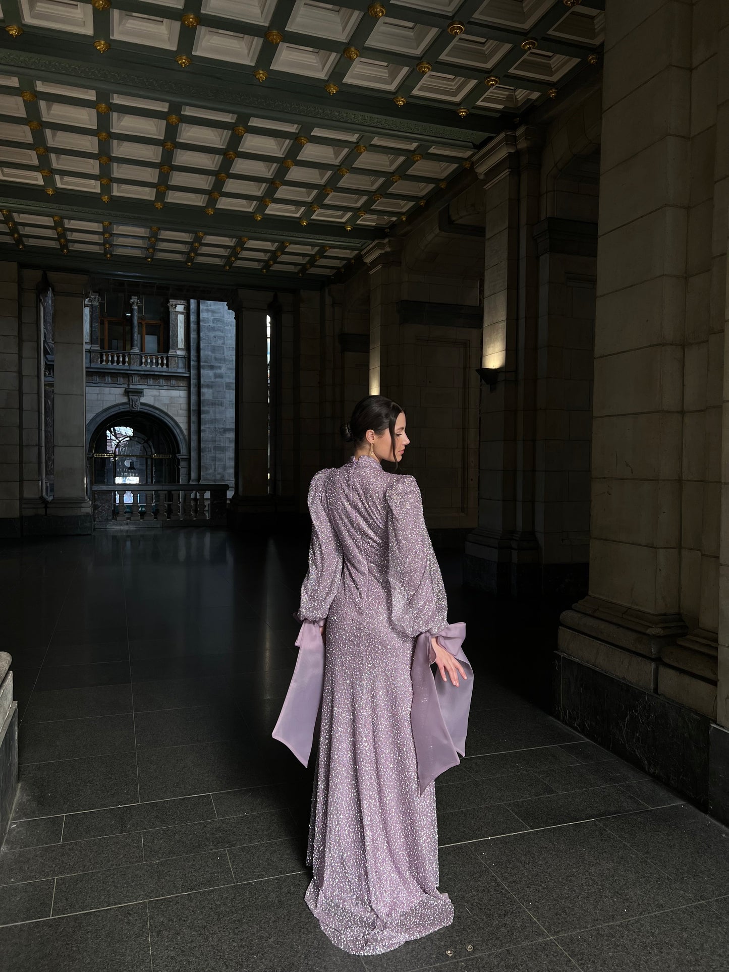 Lilac Beaded High Neck Bowknot Long Sleeves Evening Formal Dress