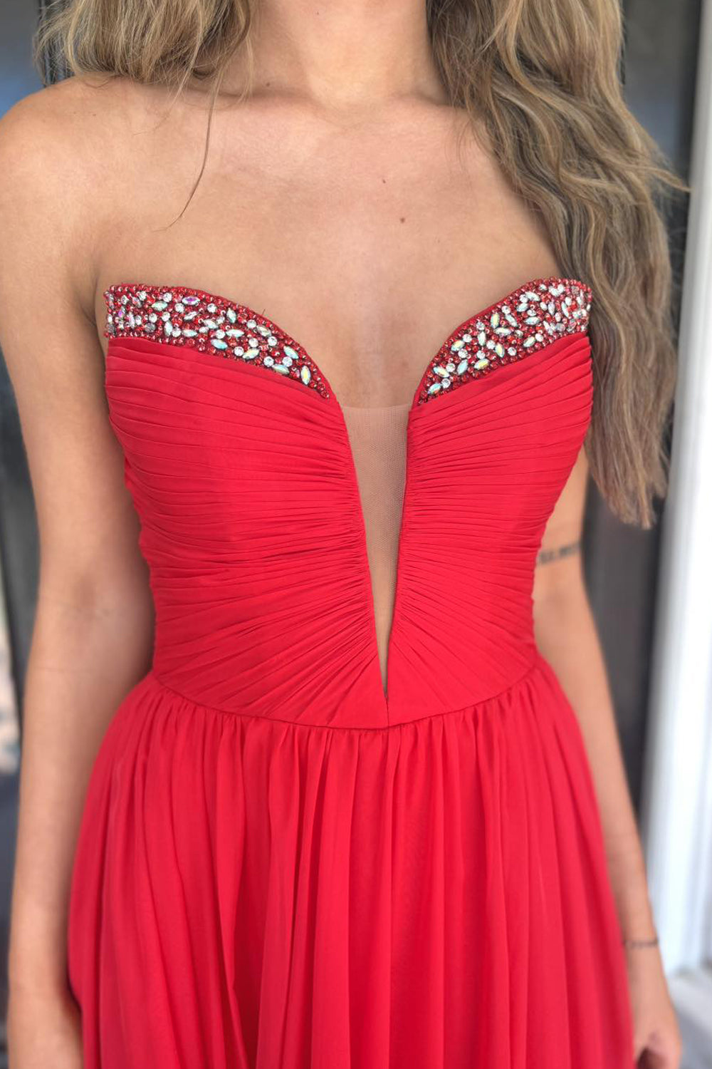 Fairy A Line V Neck Red Chiffon Prom Dresses with Beading