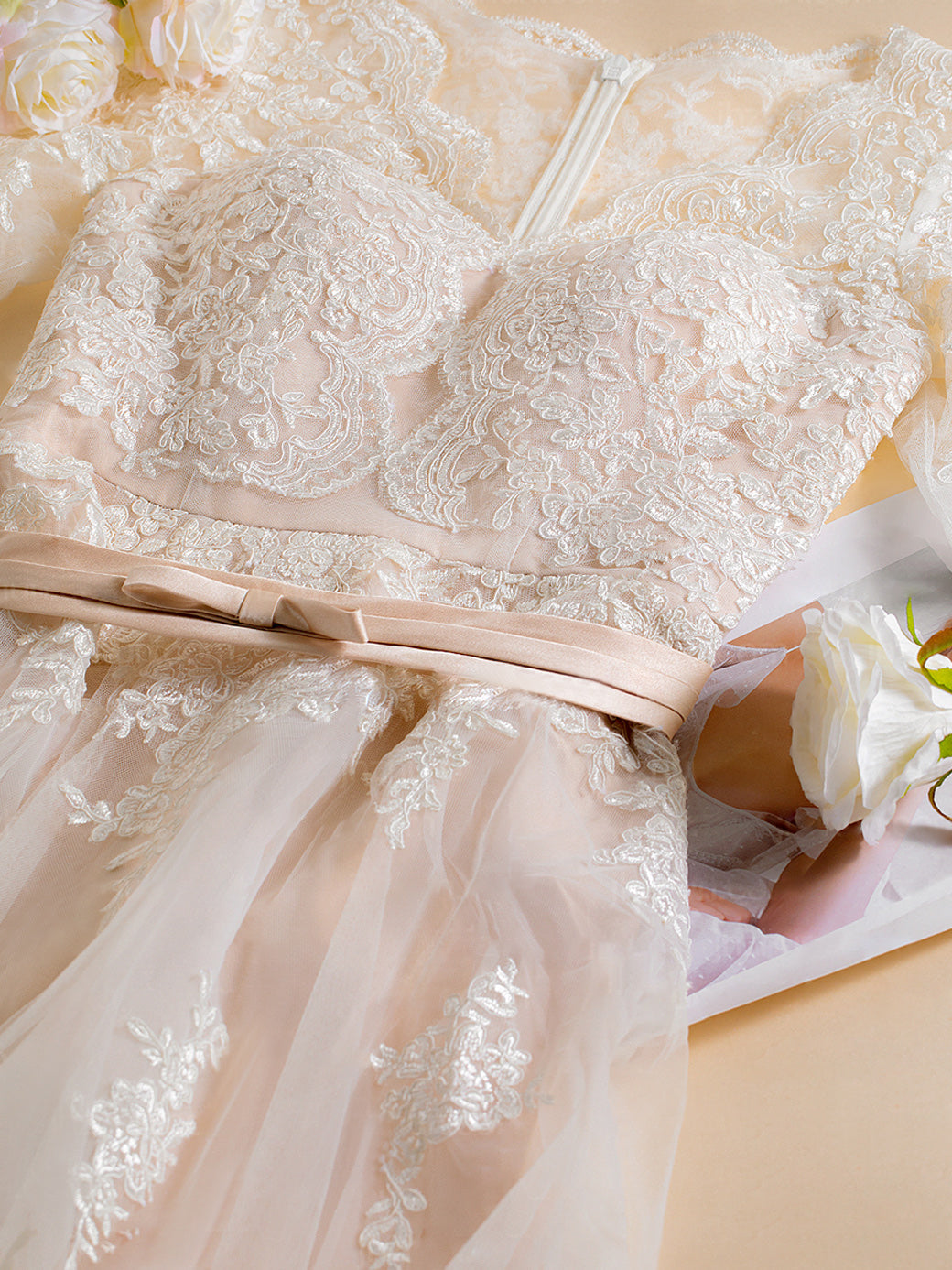 V-Neck 3/4 Length Sleeves Asymmetrical Wedding Dress