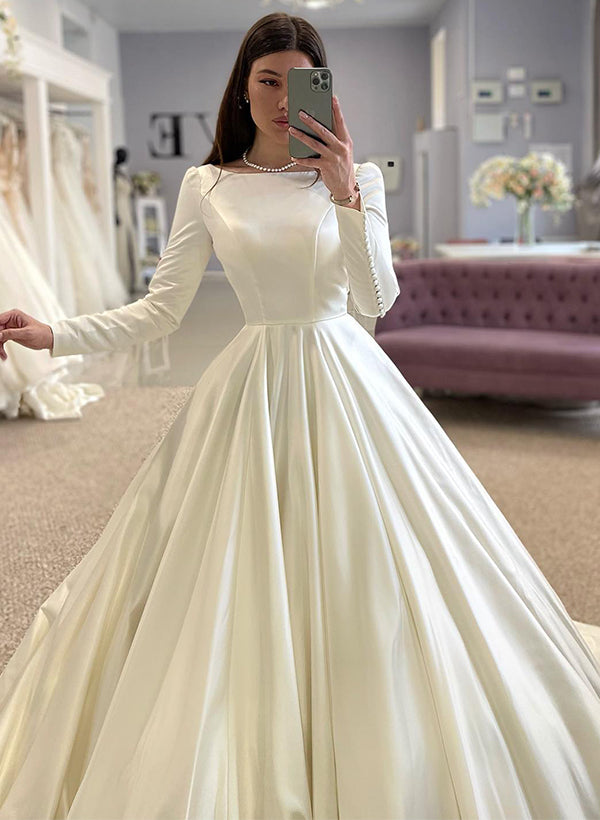 A-Line Scoop Neck Long Sleeves Sweep Train Satin Wedding DressesA-Line Scoop Neck Long Sleeves Sweep Train Satin Wedding DressesA-Line Scoop Neck Long Sleeves Sweep Train Satin Wedding DressesA-Line Scoop Neck Long Sleeves Sweep Train Satin Wedding Dresse