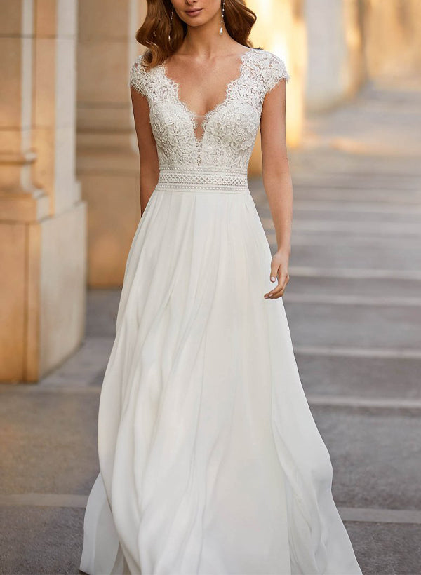 Vintage Boho A-Line Plunge Neck Lace/Chiffon Wedding Dresses With Low BackVintage Boho A-Line Plunge Neck Lace/Chiffon Wedding Dresses With Low BackVintage Boho A-Line Plunge Neck Lace/Chiffon Wedding Dresses With Low BackVintage Boho A-Line Plunge Neck L