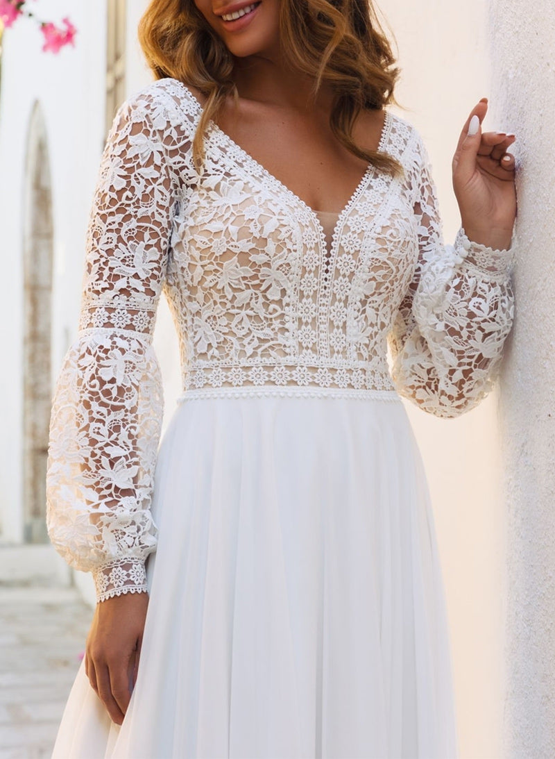 Elegant A-Line V-Neck Long Sleeves Sweep Train Lace/Chiffon Wedding DressesElegant A-Line V-Neck Long Sleeves Sweep Train Lace/Chiffon Wedding DressesElegant A-Line V-Neck Long Sleeves Sweep Train Lace/Chiffon Wedding DressesElegant A-Line V-Neck Long Sle