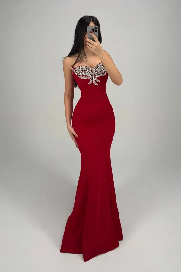 Red Beaded Strapless Mermaid Gorgeous Prom Dress