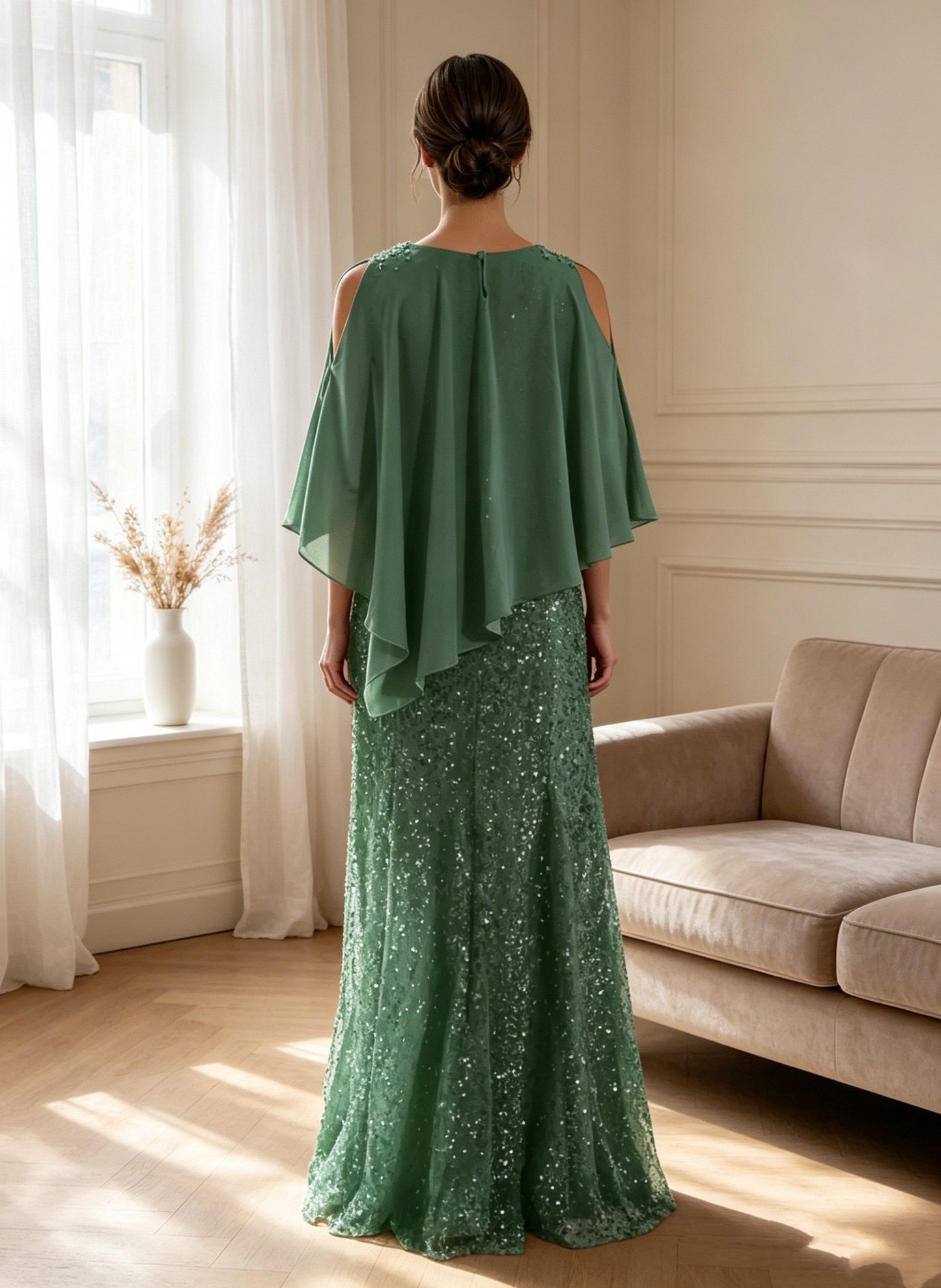 Elegant Green Chiffon Cape Sequin Column Mother of the Bride Dress