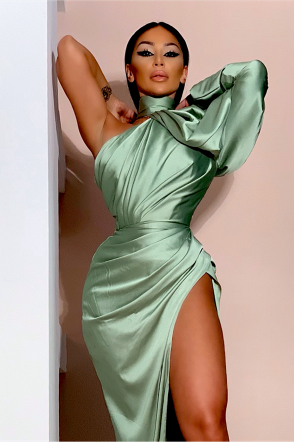 Green Long Sleeve Puffy Prom Dress High Split Mermaid