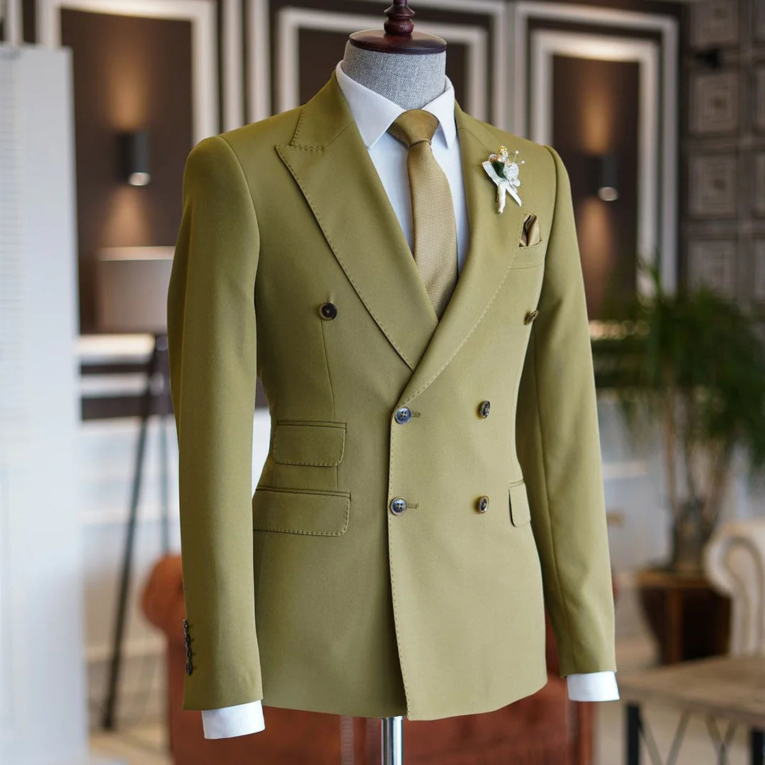 Green Suits Peaked Lapel With Double Breasted Gentle For Men