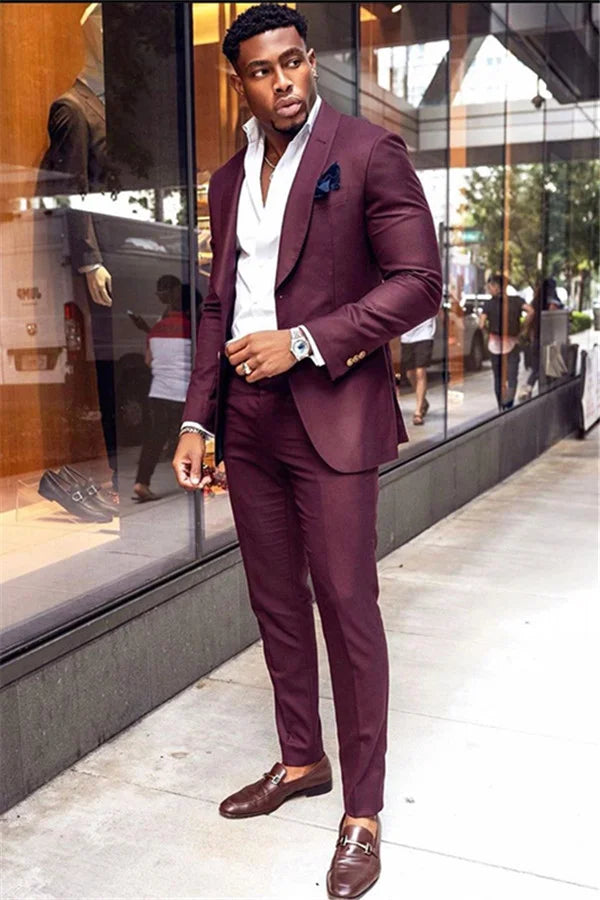 Burgundy Business Prom Suit 2 Pieces With Shawl Lapel