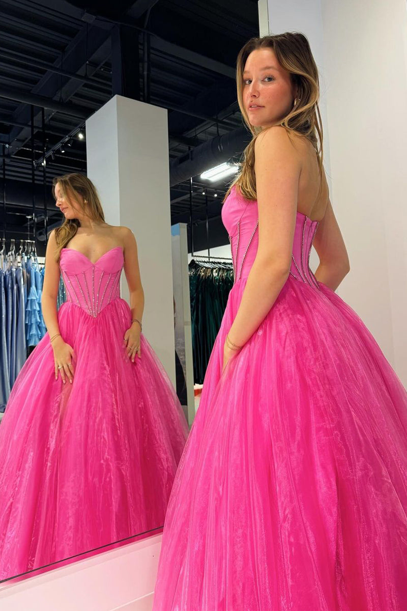 A-Line Sweetheart Pink Organza Long Prom Dress with Beading