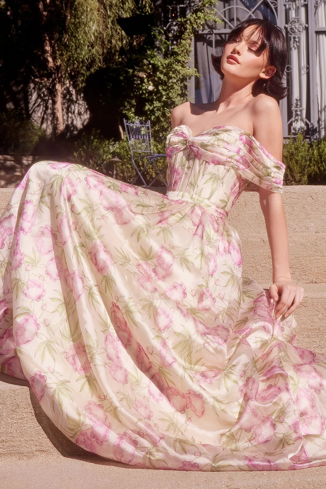 Flowers Floral Print Off the Shoulder Sleeveless A-Line Floor-Length Prom Dress