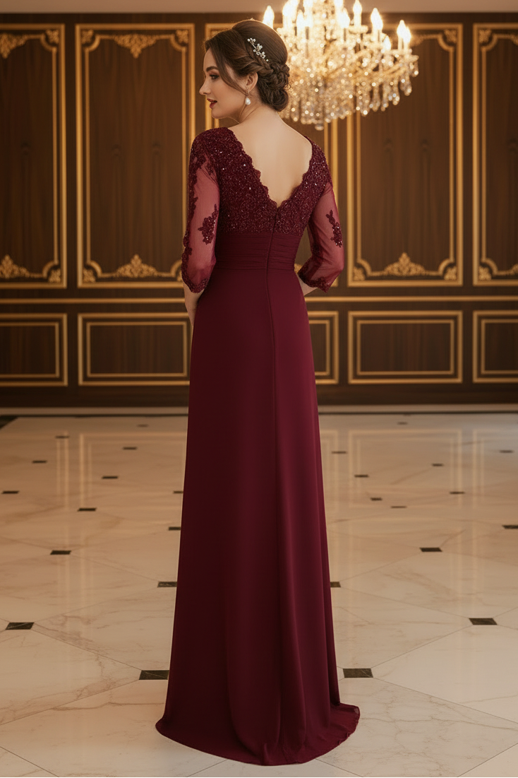 Elegant Burgundy Lace Applique V-Neck Mother of the Bride Dress
