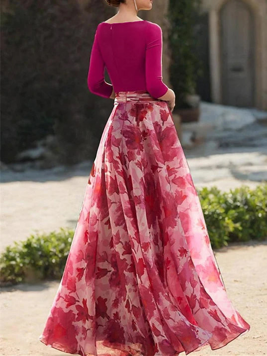 Princess V Neck 3/4 Sleeves Floral Mother of the Bride Dress
