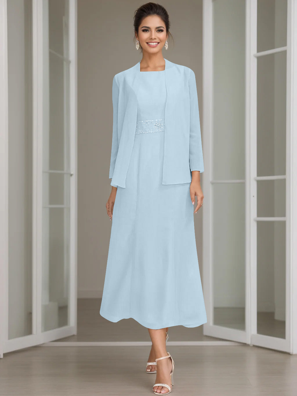 Column Jewel Neck Tea Length Mother of the Bride Dress