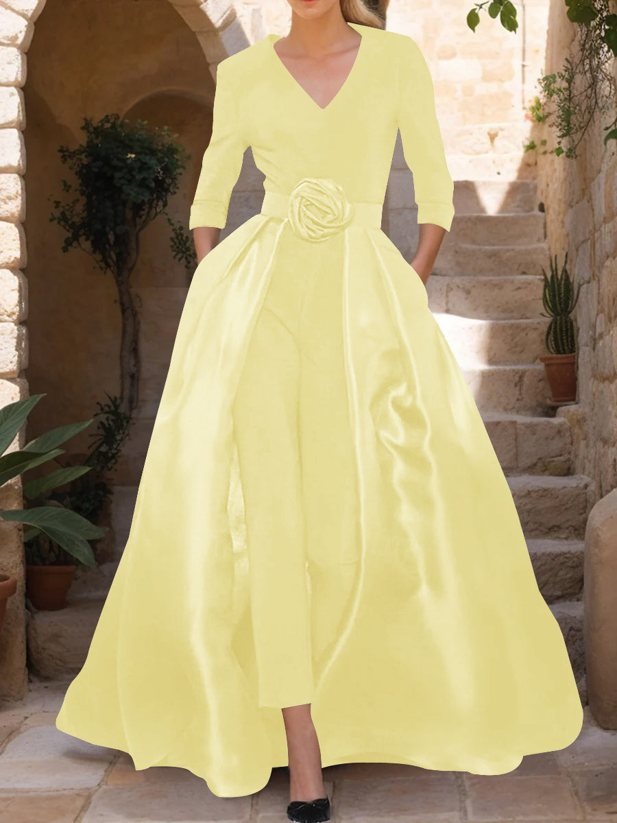 V-Neck 3/4 Sleeves Mother of the Bride Jumpsuit with Flower Belt