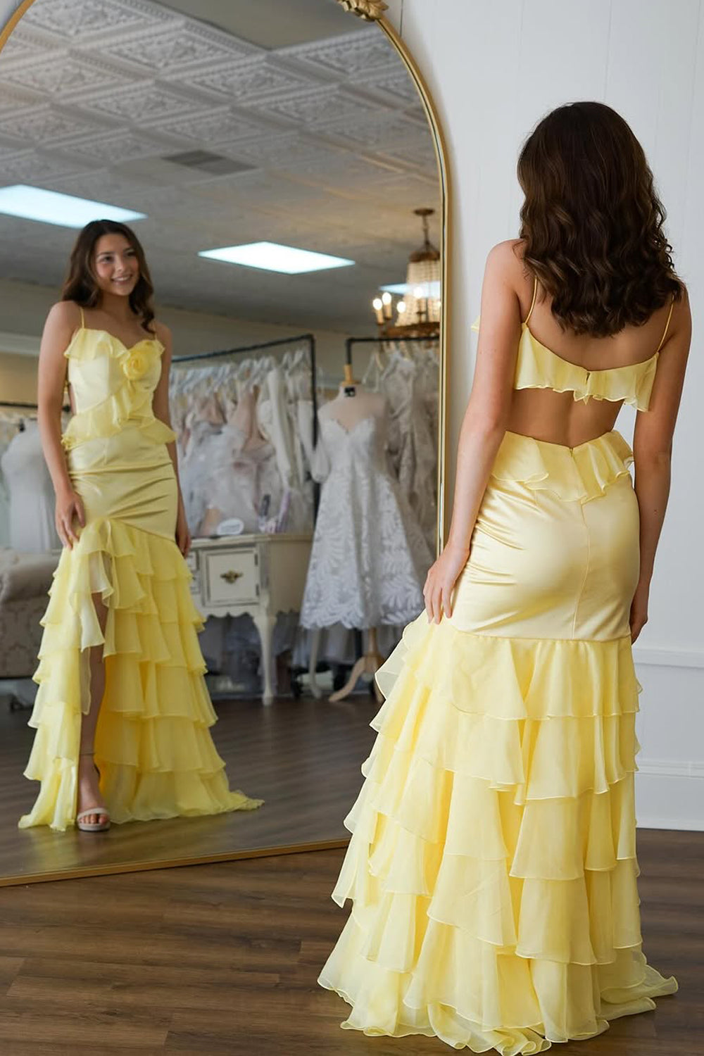 Mermaid Spaghetti Straps Yellow Ruffle Chiffon Long Prom Dresses with Slit