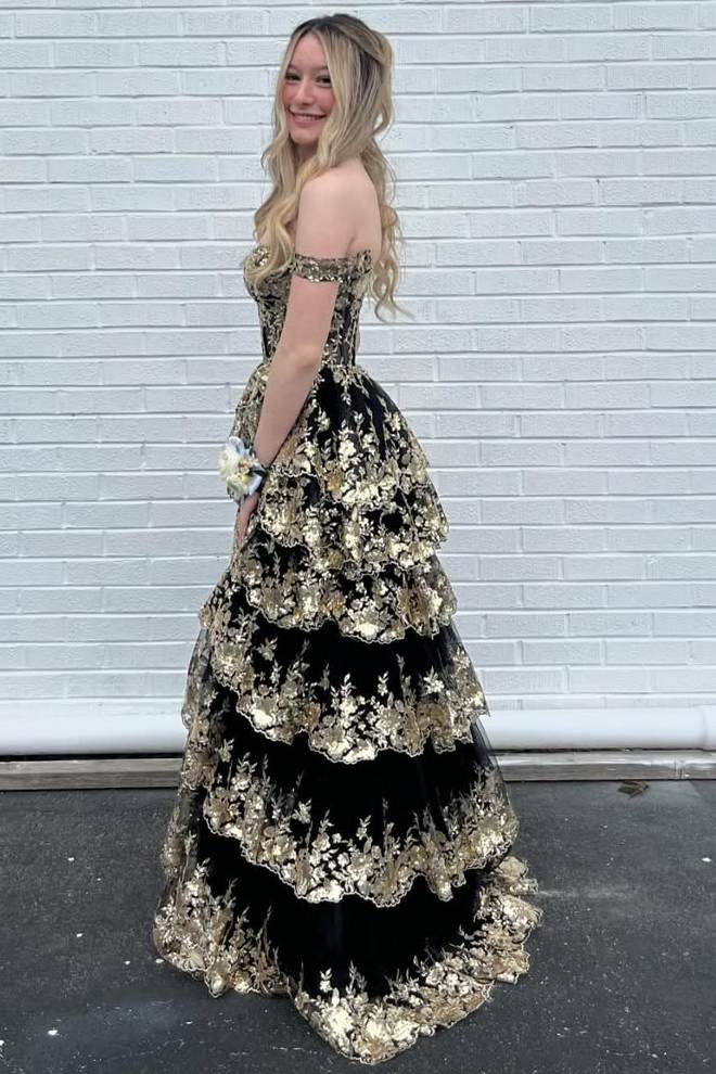 Fairytale Sequin-Embroidery Off-the-Shoulder Tiered Long Prom Dress with Slit