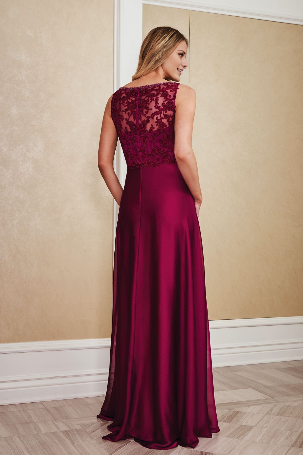 A-Line Boat Collar Chiffon Lace Bead Length Mother of the Bride Dress