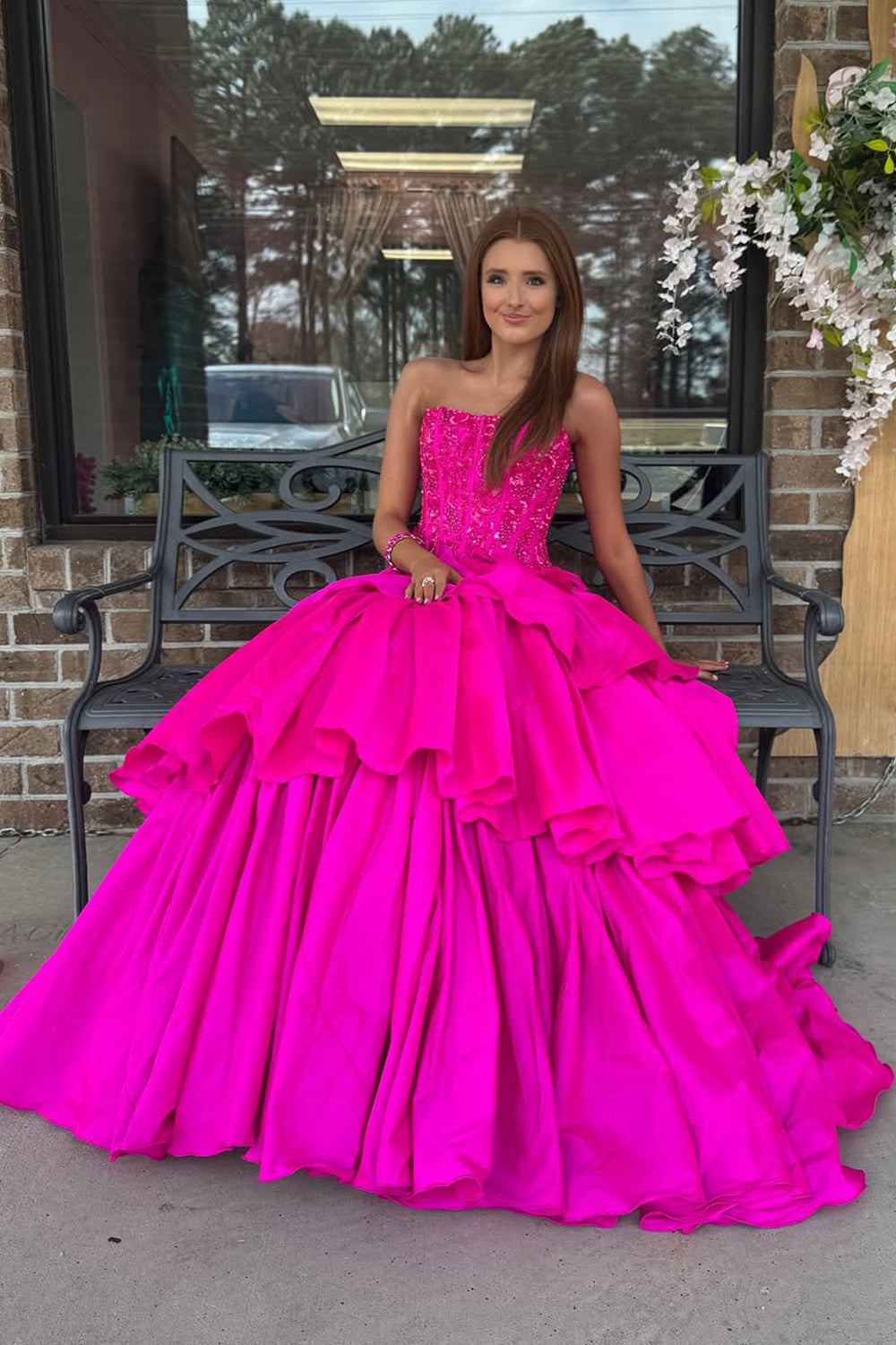 Fuchsia A Line Strapless Satin Prom Dress with Beading