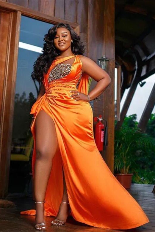 Orange One Shoulder High Split Prom Dress