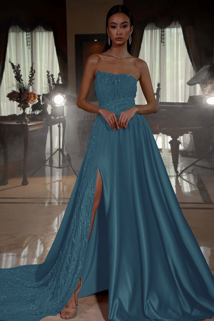 Pink Strapless Sleeveless Sequins A-Line Prom Dress with Split