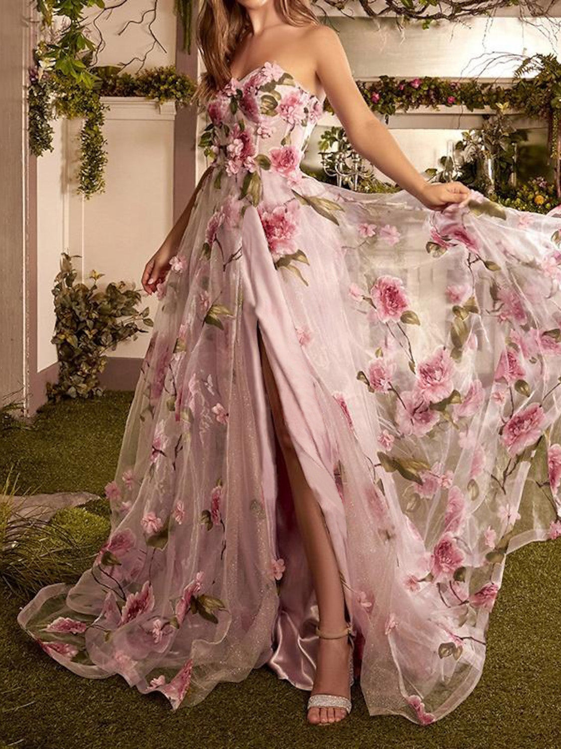 Princess Strapless Long Prom Floral Dresses With Split Side