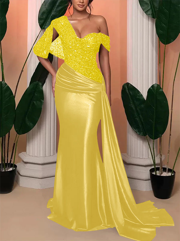 Trumpet One Shoulder Sleeveless Wedding Guest Dress