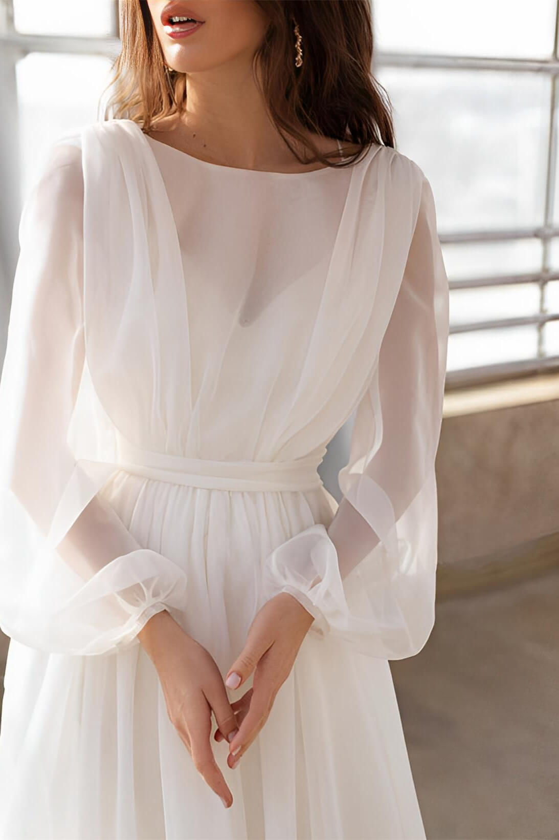 Long-Sleeves Tulle Pleated Sheer A-Line Wedding Dress with Train