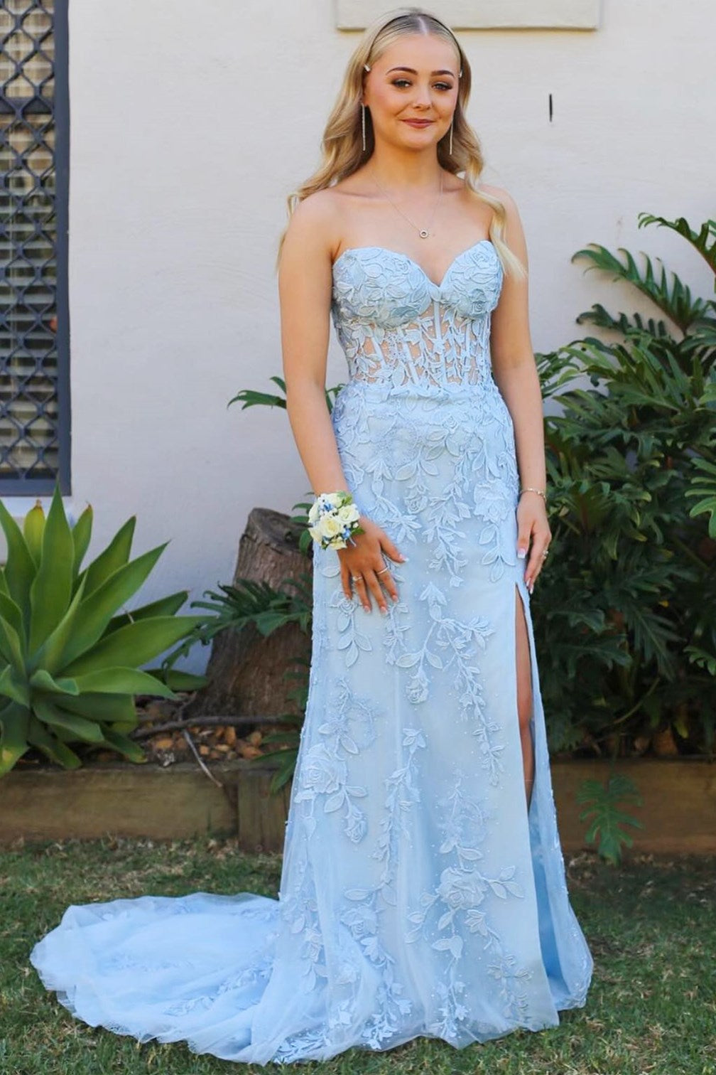 Classic Lace Appliques Strapless Mermaid Prom Dress with Slit