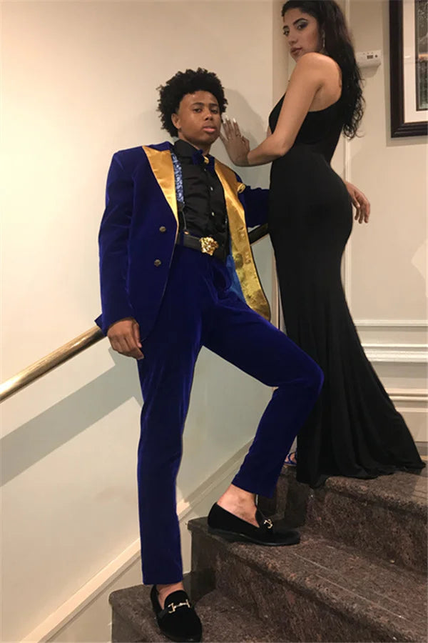 Fashion 2 Pieces Royal Blue Best Evening Suits With Velvet For Sale
