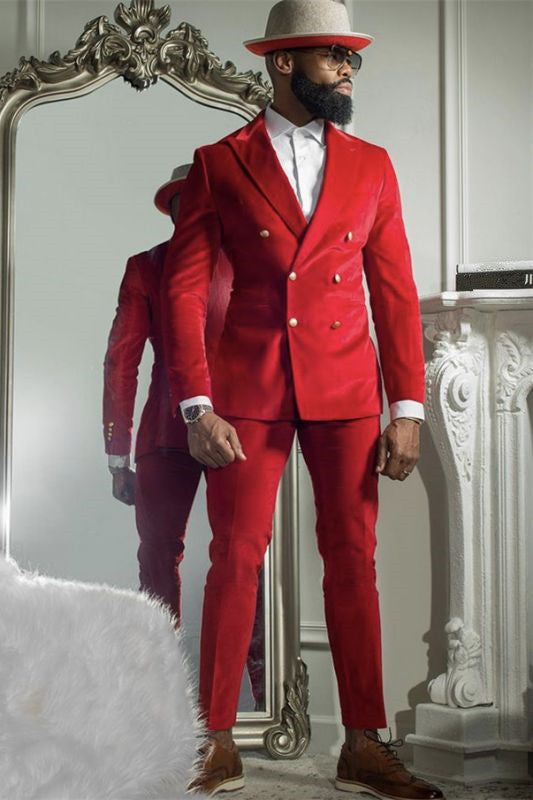 Bespoke Double Breasted Prince Suit For Groom With Red Velvet Peaked Lapel