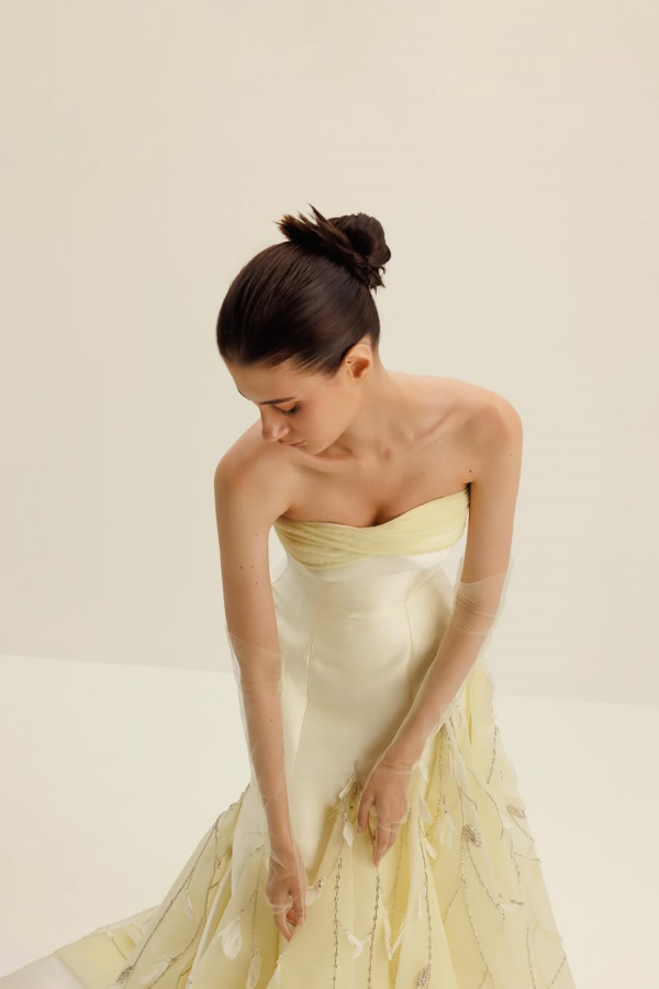 Light Yellow Strapless Mermaid Prom Dress With Feathers XJ0186