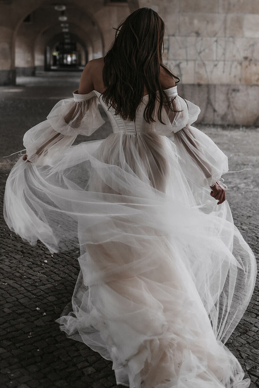Off-Shoulder Long-Puff-Sleeves Tulle Floor-Length Wedding Dress